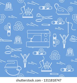 Seamless pattern with zipper, needles, thimble, pins, threads, buttons, scissors, sewing machine, iron. Sewing and needlework background. Template for design, fabric, print.