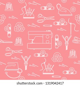 Seamless pattern with zipper, needles, thimble, pins, threads, buttons, scissors, sewing machine, iron. Sewing and needlework background. Template for design, fabric, print.