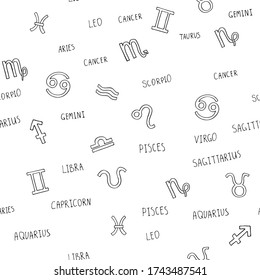 Seamless pattern with zodiac all signs in black and white