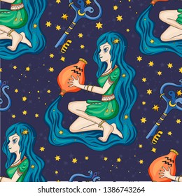 Seamless Pattern With Zodiac Aquarius Girl Vector Sign. Cartoon astrology illustration. Horoscope drawing.