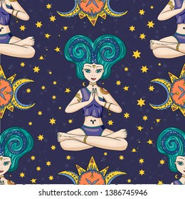 Seamless Pattern With Zodiac Aries Girl Vector Sign. Cartoon astrology illustration. Horoscope drawing.