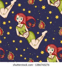 Seamless Pattern With Zodiac Cancer Girl Vector Sign. Cartoon astrology illustration. Horoscope drawing.