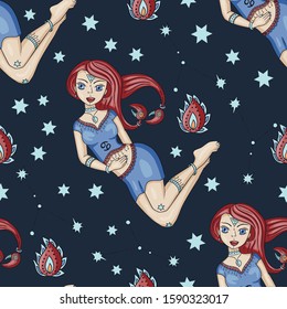 Seamless Pattern With Zodiac Cancer Girl Vector Sign. Cartoon astrology illustration. Horoscope drawing.