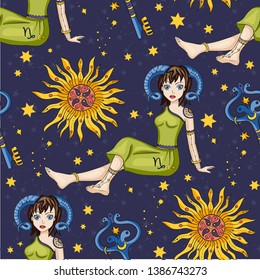 Seamless Pattern With Zodiac Capricorn Girl Vector Sign. Cartoon astrology illustration. Horoscope drawing.