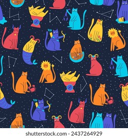 Patrón sin fisuras con gatos zodiacales. Estilo de dibujo a mano. Ilustración de doce símbolos zodiacales. Signo de astrología. Para textil, tela, papel pintado, ropa, banner, póster, postal.