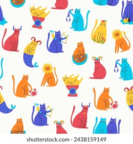 Seamless pattern with zodiac cats. Hand draw style. Vector illustration of twelve zodiacal symbols. Astrology Sign. For textile, fabric, wallpaper, apparel clothing, banner, poster, postcard.