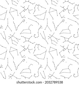 Seamless pattern with Zodiac constellations Aries, Taurus, Gemini, Cancer, Leo, Virgo, Libra, Scorpio, Sagittarius, Capricornus, Aquarius, Pisces. Design for fabric, textile, wrapping paper, wallpaper