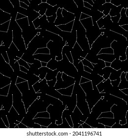 Seamless pattern with Zodiac constellations Aries, Taurus, Gemini, Cancer, Leo, Virgo, Libra, Scorpio, Sagittarius, Capricornus, Aquarius, Pisces. Design for fabric, textile, wrapping paper, wallpaper