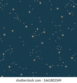 Seamless pattern of zodiac constellations. Gold stars on dark virid background. Astrology print, mystic zodiac signs.