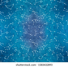 Seamless pattern with zodiac constellations on watercolor background. Vector zodiac signs.