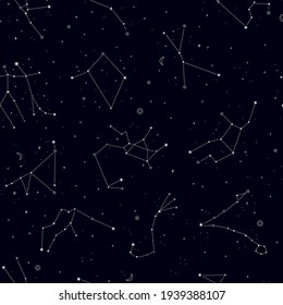 Seamless pattern of zodiac constellations on the blue sky.Vector illustration.
