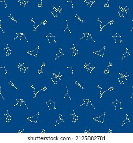 Seamless pattern with zodiac constellations on dark blue background. Vector illustration.