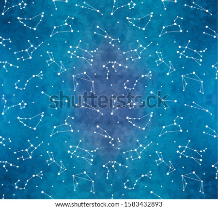 Seamless pattern with zodiac constellations on watercolor background. Vector zodiac signs.