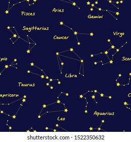 Seamless pattern with zodiac constellations. Vector zodiac signs.