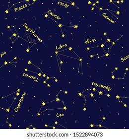 Seamless pattern with zodiac constellations. Vector zodiac signs.