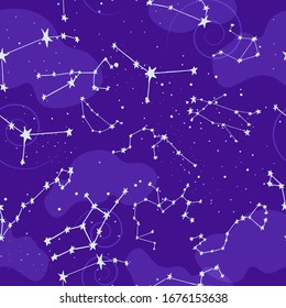 Seamless pattern with zodiac constellations in vector design. Endless night sky with hand drawn zodiac signs. Astrology, astronomy, abstract graphic illustration