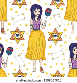 Seamless Pattern With Zodiac Gemini Girl Vector Sign. Cartoon astrology illustration. Horoscope drawing.
