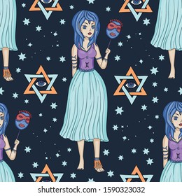 Seamless Pattern With Zodiac Gemini Girl Vector Sign. Cartoon astrology illustration. Horoscope drawing.