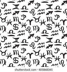 Seamless pattern with Zodiac hand drawn symbols