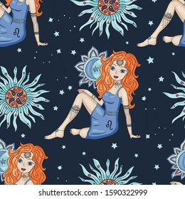 Seamless Pattern With Zodiac Leo Girl Vector Sign. Cartoon astrology illustration. Horoscope drawing.