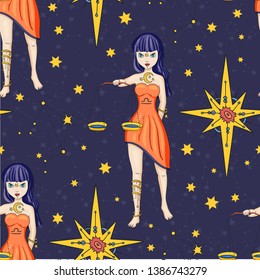 Seamless Pattern With Zodiac Libra Girl Vector Sign. Cartoon astrology illustration. Horoscope drawing.