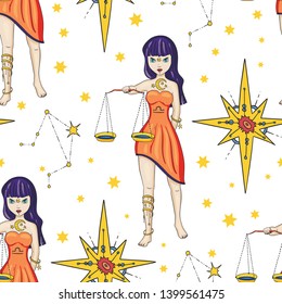 Seamless Pattern With Zodiac Libra Girl Vector Sign. Cartoon astrology illustration. Horoscope drawing.