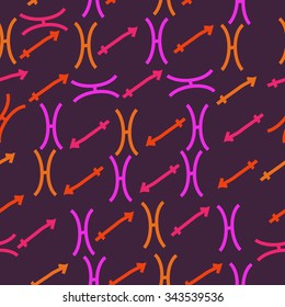Seamless    pattern  of zodiac  motif, doodles, objects, Sagittarius,Pisces signs. Hand drawn.