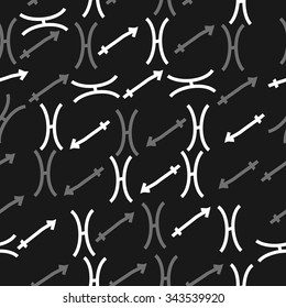 Seamless    pattern  of zodiac  motif, doodles, objects, Sagittarius,Pisces signs. Hand drawn.