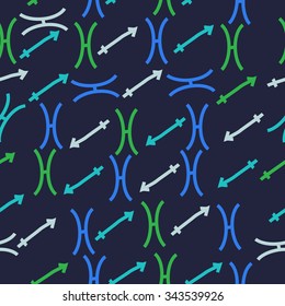 Seamless    pattern  of zodiac  motif, doodles, objects, Sagittarius,Pisces signs. Hand drawn.