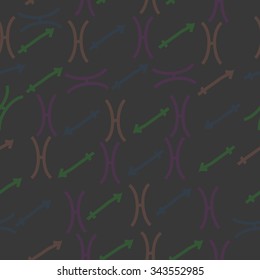 Seamless    pattern  of zodiac  motif, doodles, objects, Sagittarius,Pisces signs. Hand drawn.
