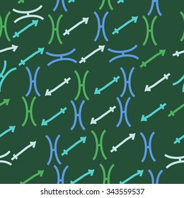 Seamless    pattern  of zodiac  motif, doodles, objects, Sagittarius,Pisces signs. Hand drawn.