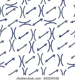 Seamless    pattern  of zodiac  motif, doodles, objects, Sagittarius,Pisces signs. Hand drawn.