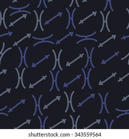 Seamless    pattern  of zodiac  motif, doodles, objects, Sagittarius,Pisces signs. Hand drawn.