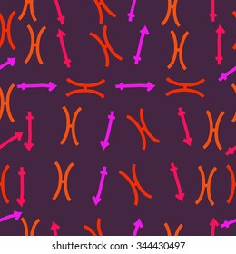 Seamless pattern  of zodiac  motif, doodles, objects, Sagittarius,Pisces signs. Hand drawn.