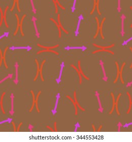 Seamless pattern  of zodiac  motif, doodles, objects, Sagittarius,Pisces signs. Hand drawn.