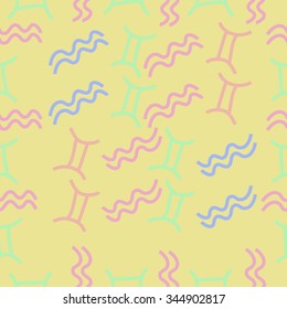 Seamless pattern  of zodiac  motif, doodles, objects, Gemini,Aquarius signs. Hand drawn.