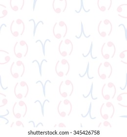 Seamless pattern  of zodiac  motif, doodles, objects, Aries,Cancer signs. Hand drawn.