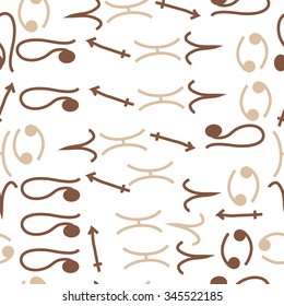 Seamless pattern  of zodiac  motif, doodles, objects, Cancers, Lion, Aries, Sagittarius, Pisces signs. Hand drawn.