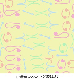 Seamless pattern  of zodiac  motif, doodles, objects, Cancers, Lion, Aries, Sagittarius, Pisces signs. Hand drawn.