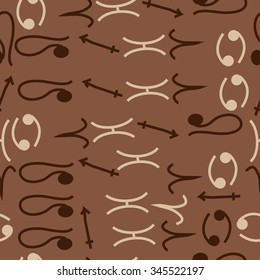 Seamless pattern  of zodiac  motif, doodles, objects, Cancers, Lion, Aries, Sagittarius, Pisces signs. Hand drawn.