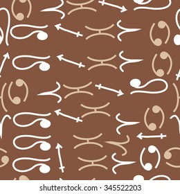 Seamless pattern  of zodiac  motif, doodles, objects, Cancers, Lion, Aries, Sagittarius, Pisces signs. Hand drawn.