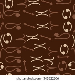 Seamless pattern  of zodiac  motif, doodles, objects, Cancers, Lion, Aries, Sagittarius, Pisces signs. Hand drawn.