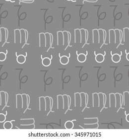 Seamless pattern  of zodiac  motif, doodles, objects, Taurus,Capricorn, Virgo signs. Hand drawn.