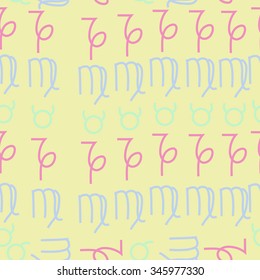 Seamless pattern  of zodiac  motif, doodles, objects, Taurus,Capricorn, Virgo signs. Hand drawn.