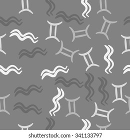 Seamless    pattern  of zodiac  motifs, doodles, objects, Aquarius and Gemini sign. Hand drawn.