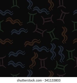 Seamless    pattern  of zodiac  motifs, doodles, objects, Aquarius and Gemini sign. Hand drawn.
