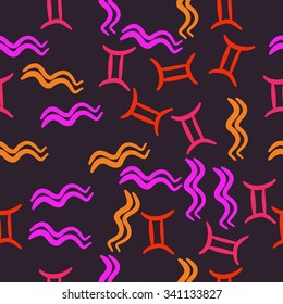 Seamless    pattern  of zodiac  motifs, doodles, objects, Aquarius and Gemini sign. Hand drawn.
