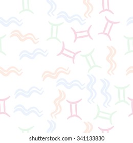 Seamless    pattern  of zodiac  motifs, doodles, objects, Aquarius and Gemini sign. Hand drawn.