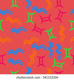 Seamless    pattern  of zodiac  motifs, doodles, objects, Aquarius and Gemini sign. Hand drawn.
