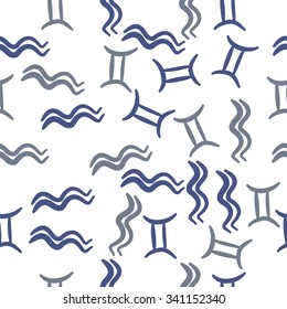Seamless    pattern  of zodiac  motifs, doodles, objects, Aquarius and Gemini sign. Hand drawn.